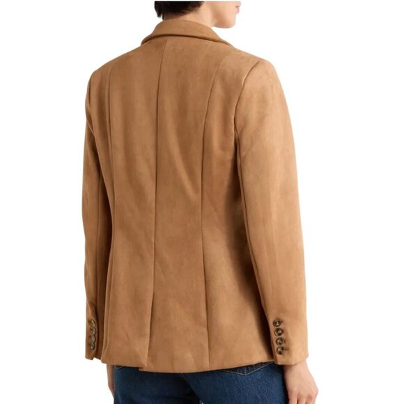 T Tahari Faux Suede Blazer Jacket Camel One Button Pockets Trending Size M - Picture 4 of 6